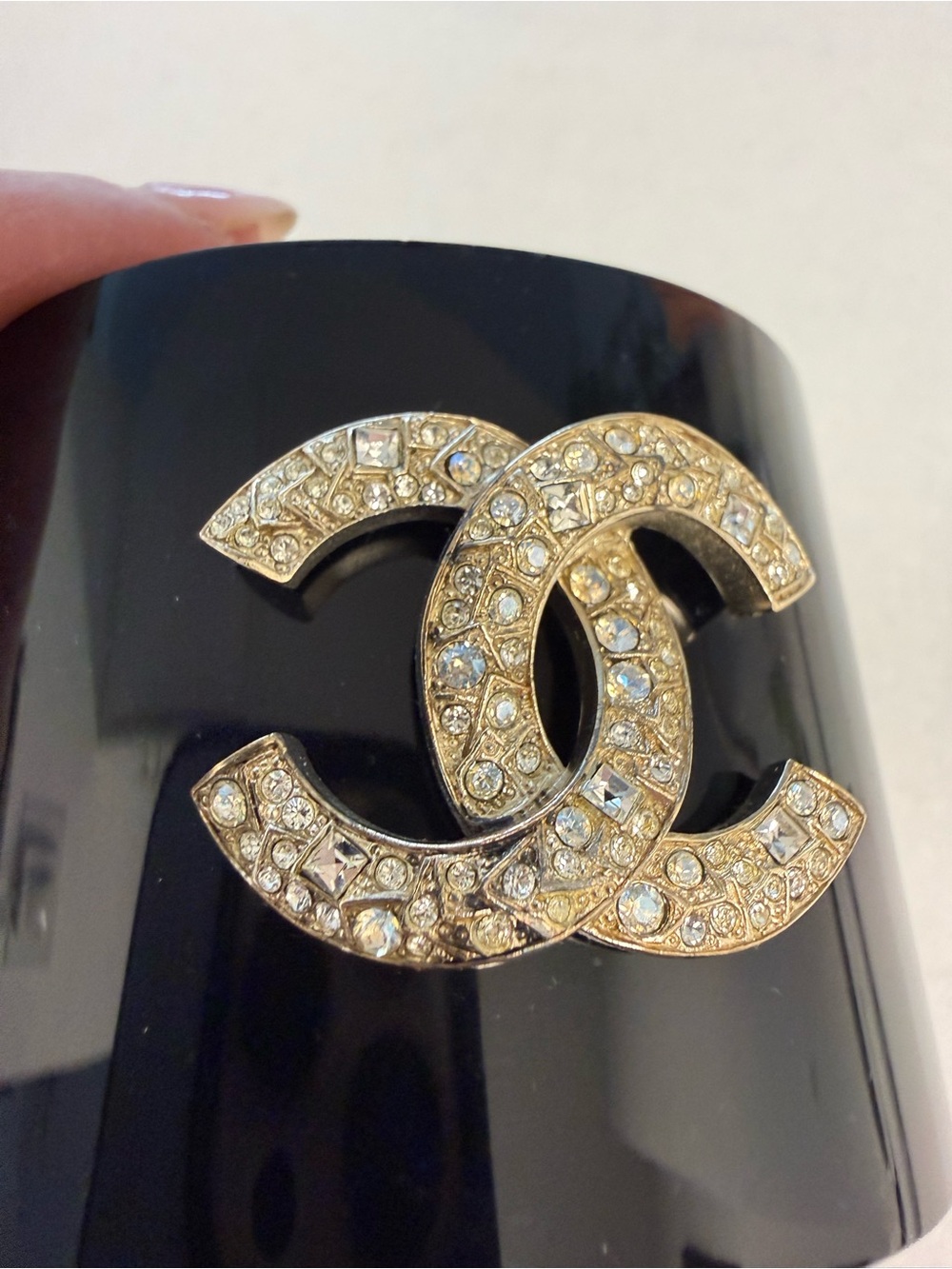100% Authentic Chanel Crystal-Embellished Black Cuff Bracelet - Picture 13 of 14